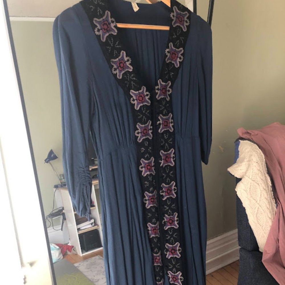 FREE PEOPLE embroidered blue maxi midi boho dress